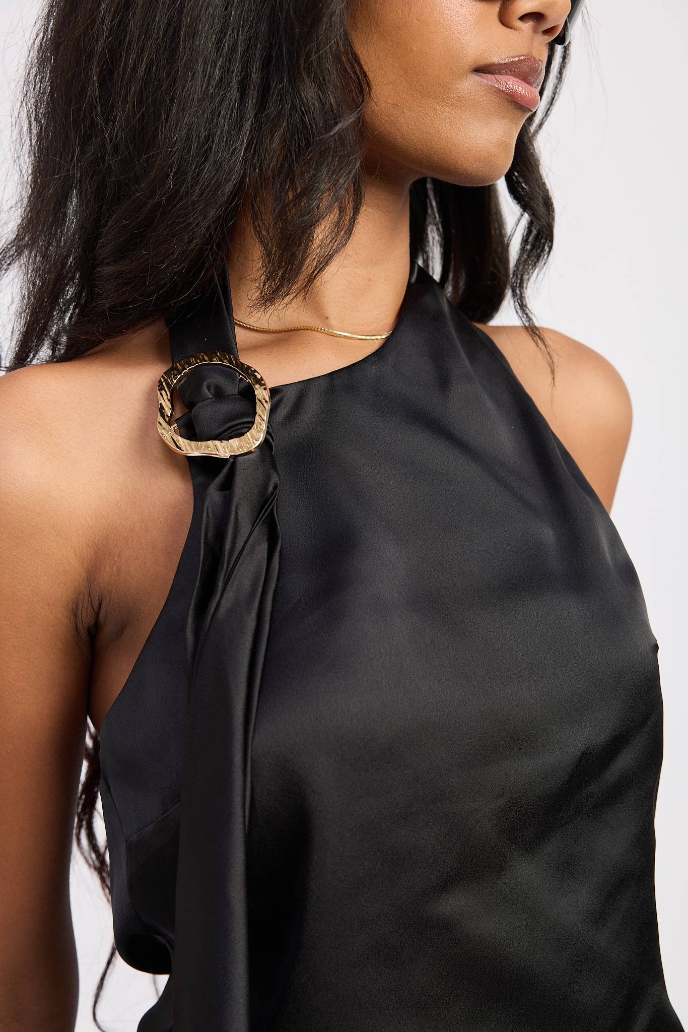 Black Silk Scarf One-Shoulder Top