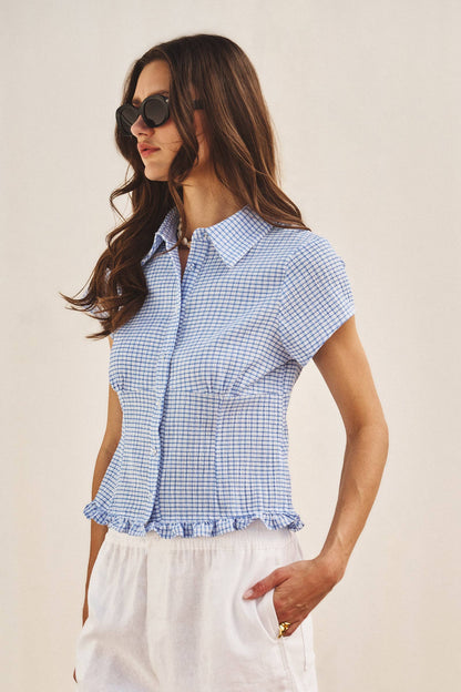 Gingham Short Sleeve Blouse-Blue