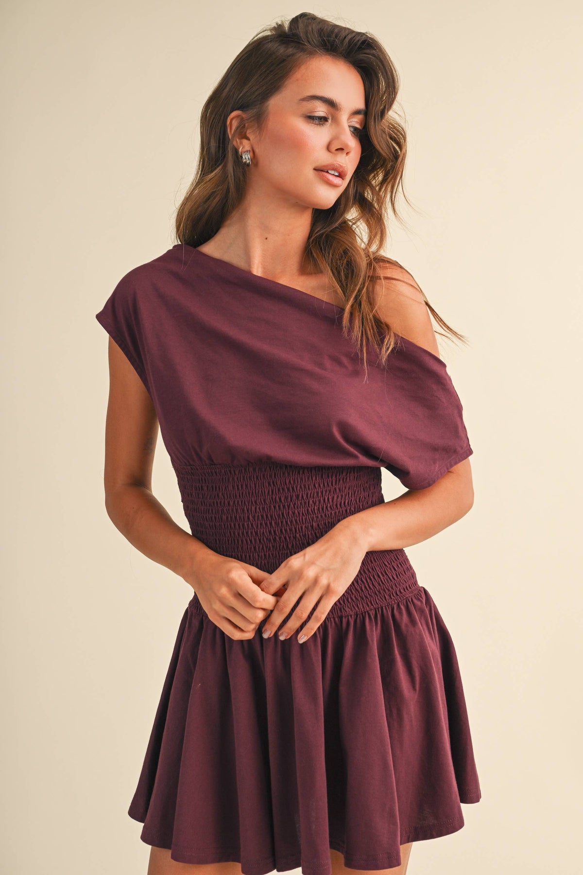 Smocked Waist Wine Dress