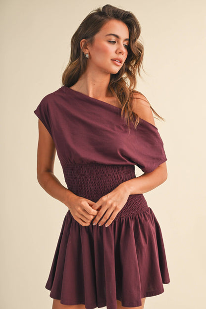 Smocked Waist Wine Dress