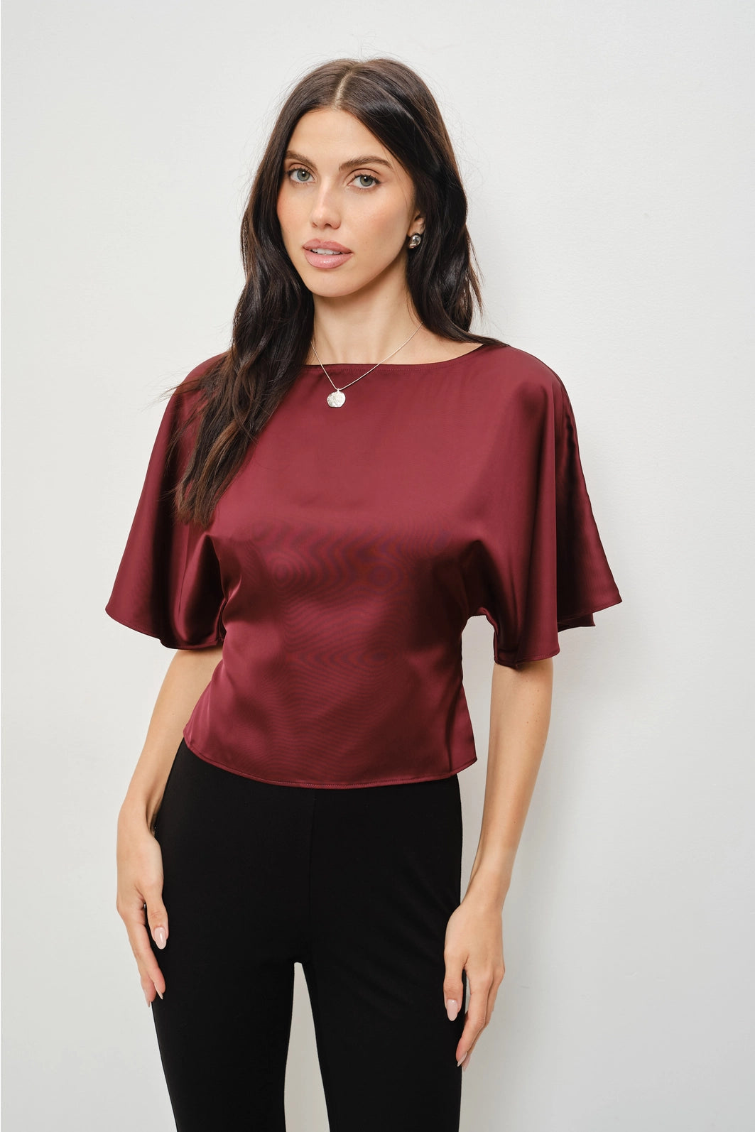 Merlot Satin Flutter Sleeve Top