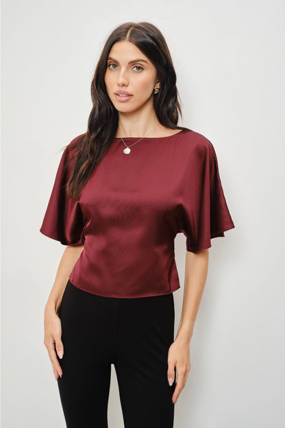 Merlot Satin Flutter Sleeve Top