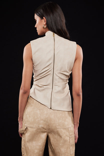 Asymmetric Pleather Mock Neck Top