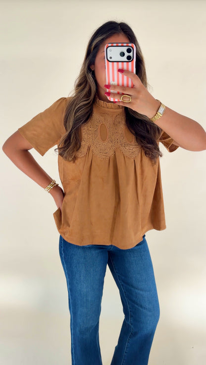 Camel Suede Short Sleeve Top