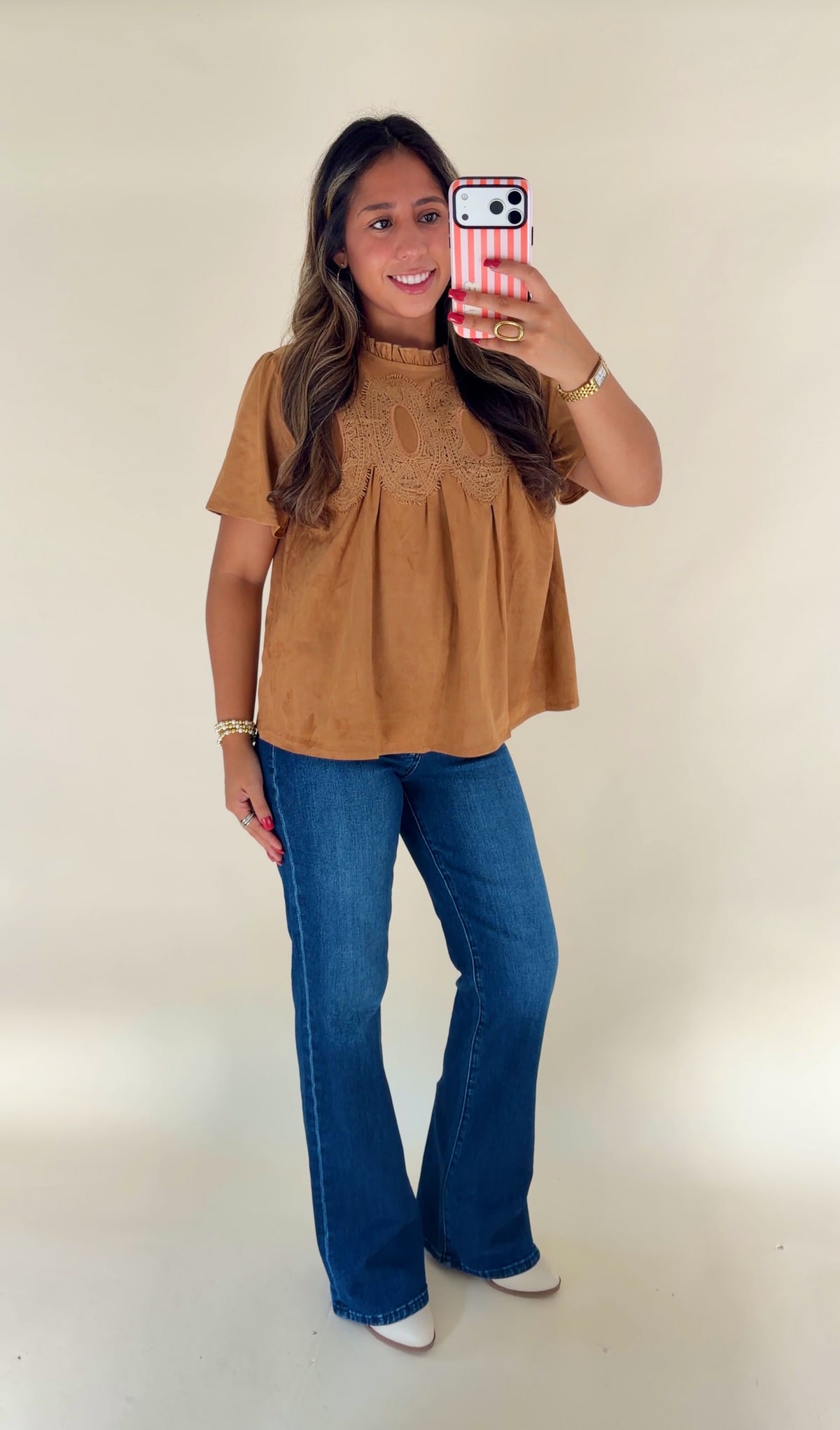 Camel Suede Short Sleeve Top