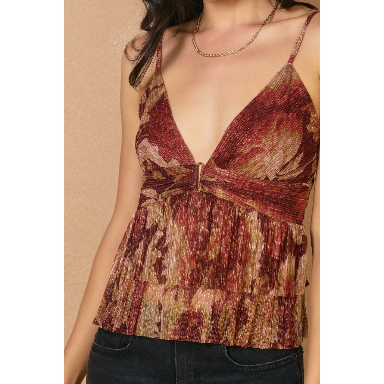 Autumn Shimmer Deep V-neck Pleated Top