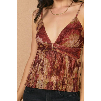 Autumn Shimmer Deep V-neck Pleated Top