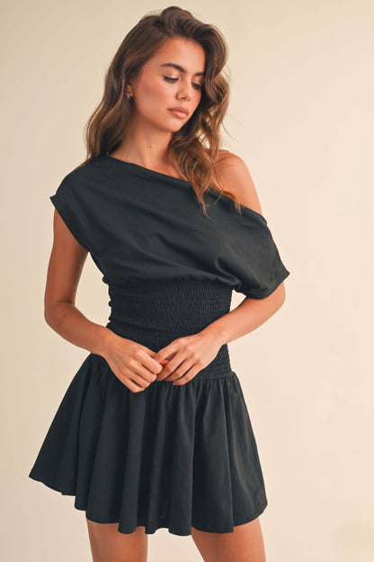 Smocked Waist Black Dress