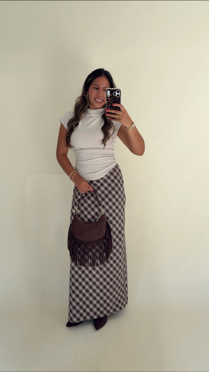 Chestnut Plaid Pencil Midi Skirt