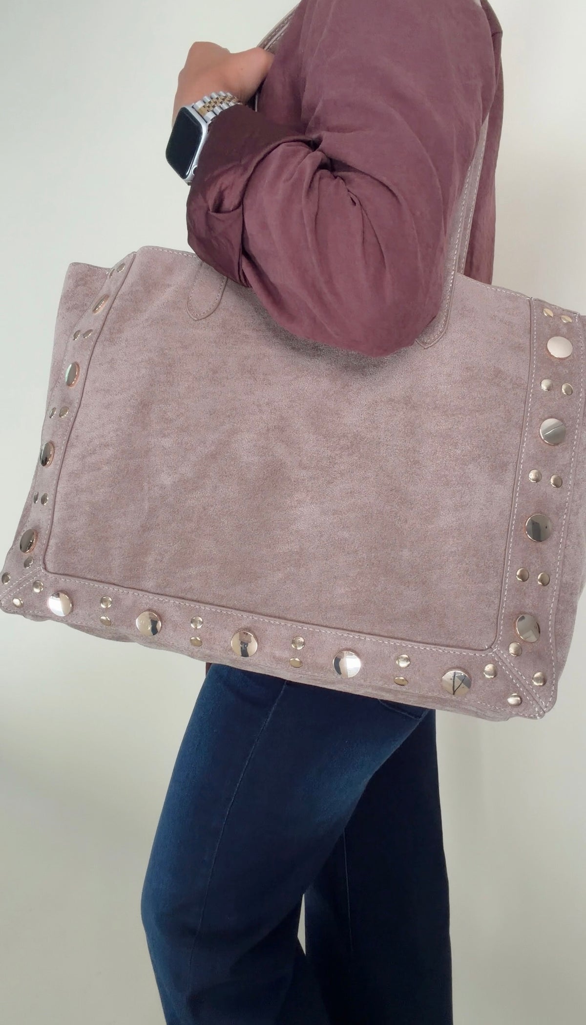 Studded Suede Tote- Smokey Taupe