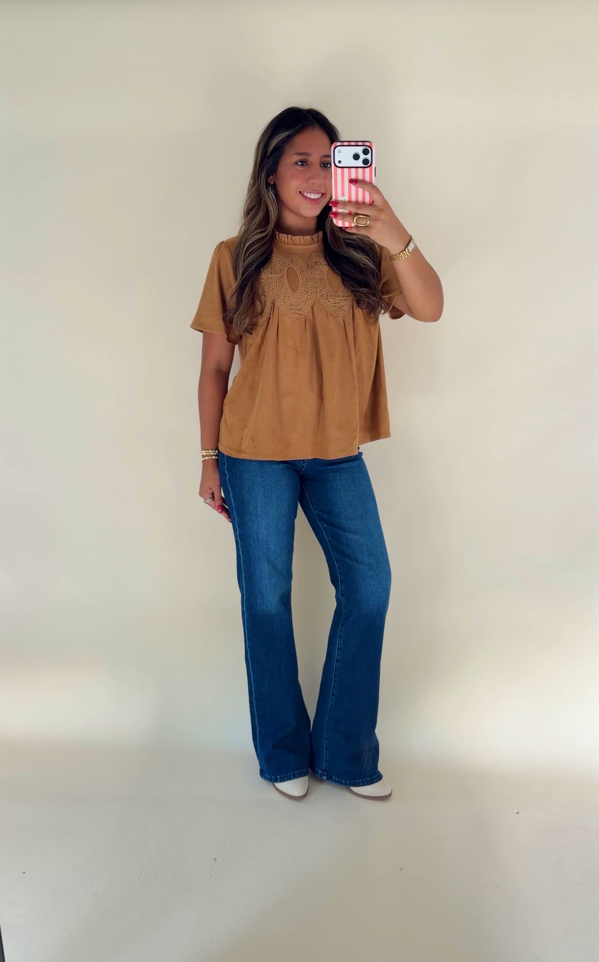 Camel Suede Short Sleeve Top