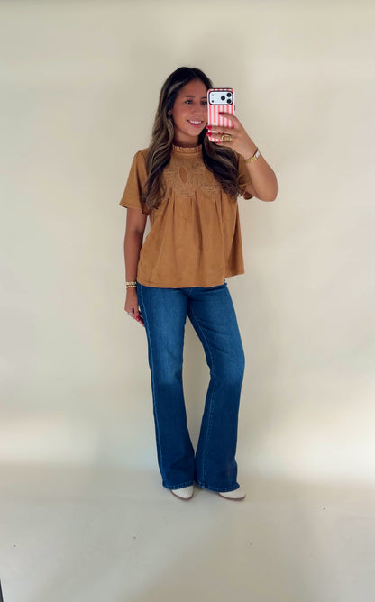 Camel Suede Short Sleeve Top
