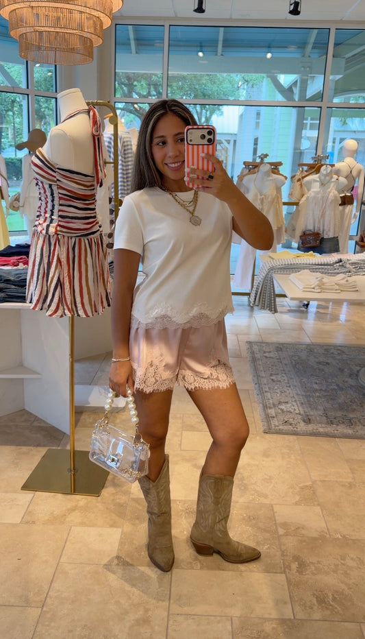 Lace Trim Shorts- Blush