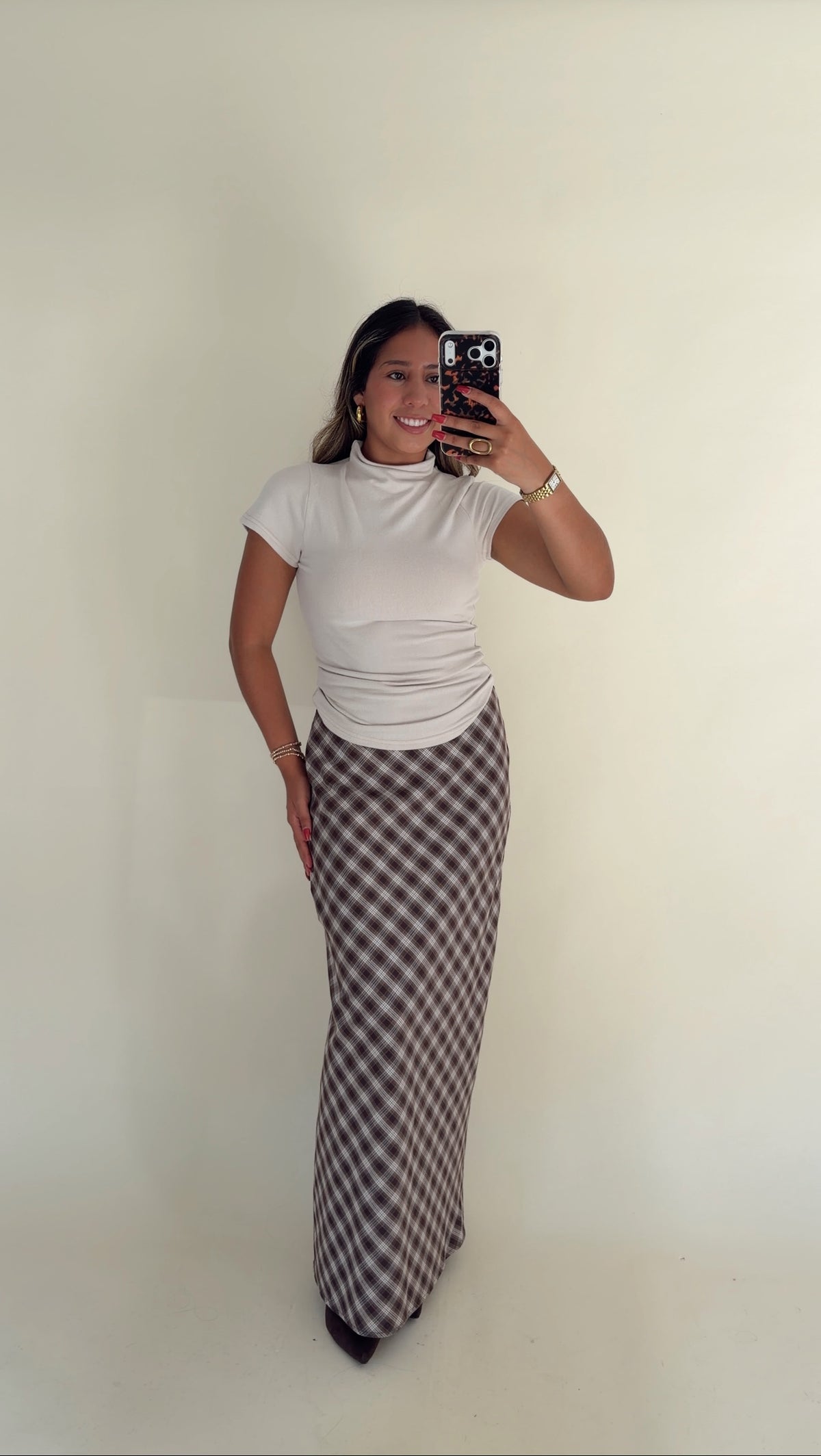 Chestnut Plaid Pencil Midi Skirt
