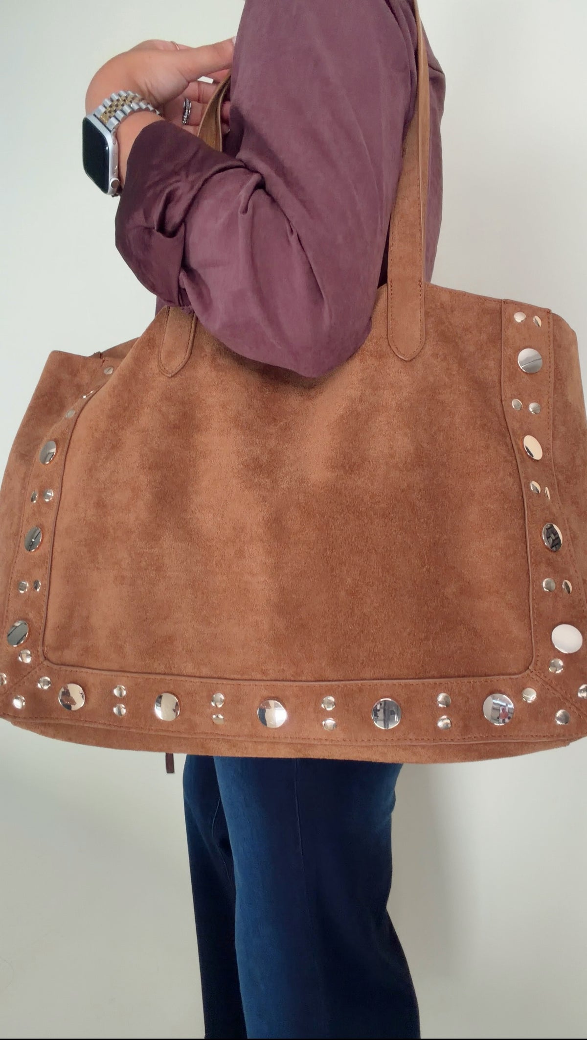Studded Suede Tote- Camel
