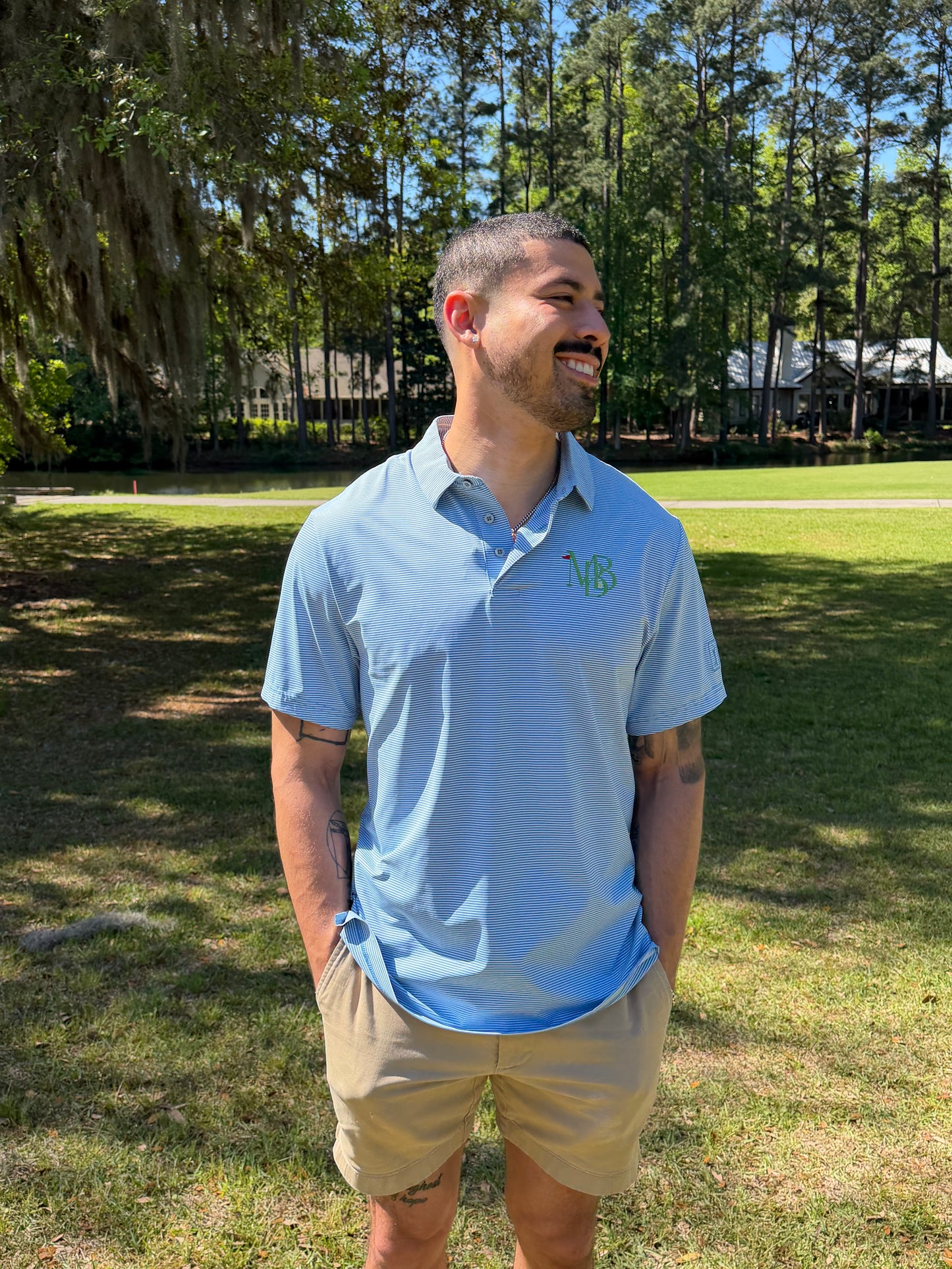 MBB Men's Golf Polo- Blue & White