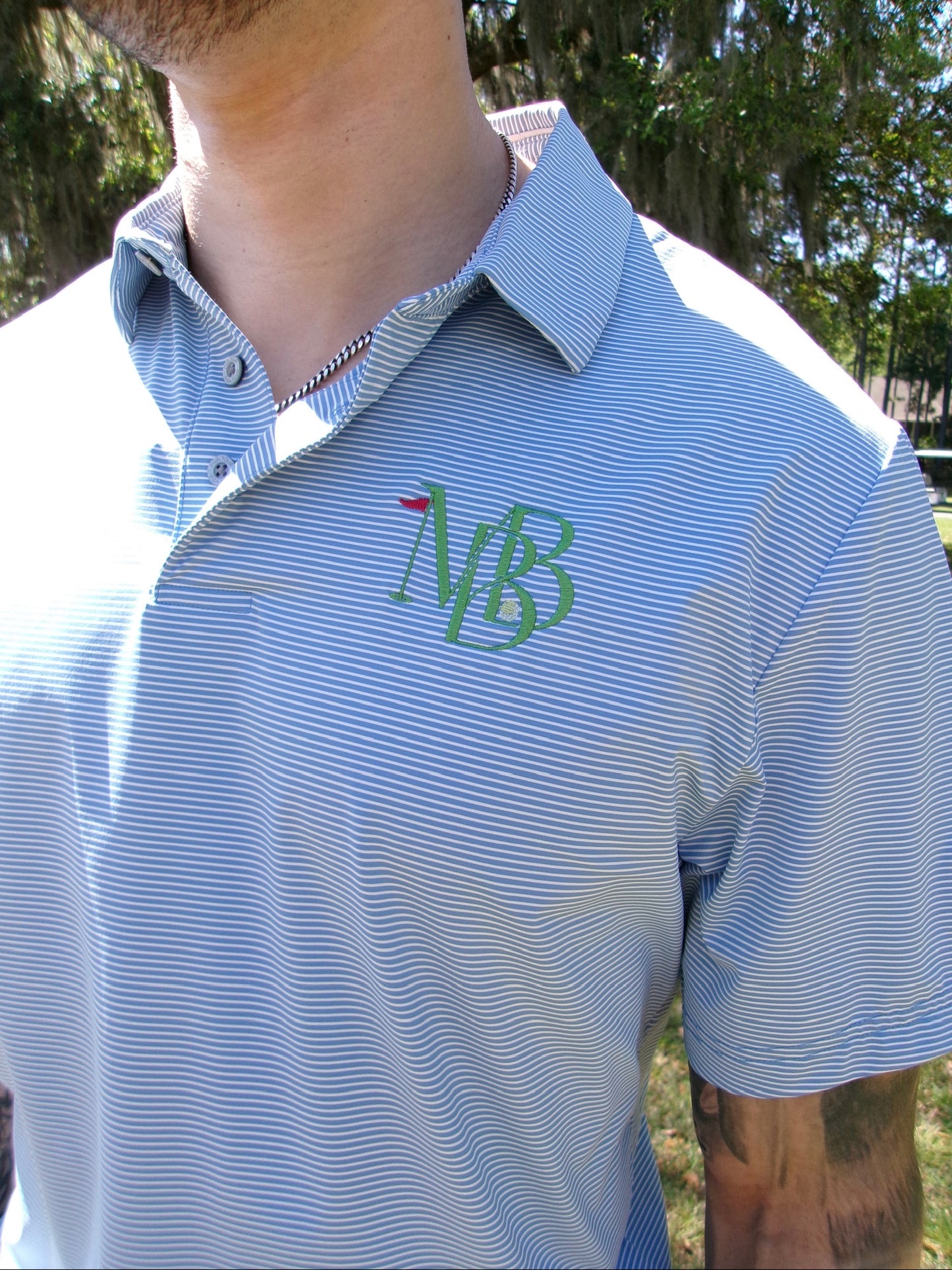 MBB Men's Golf Polo- Blue & White