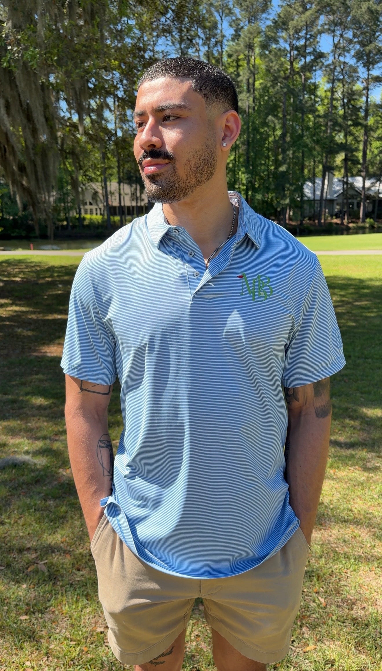 MBB Men's Golf Polo- Blue & White