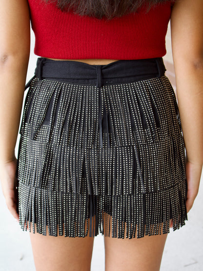 Sideline Shimmer Fringe Shorts-Black