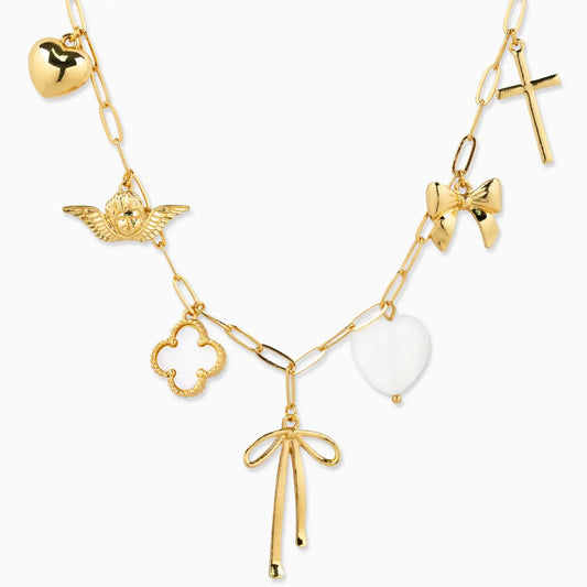 Multi-Charm Gold Bow Necklace