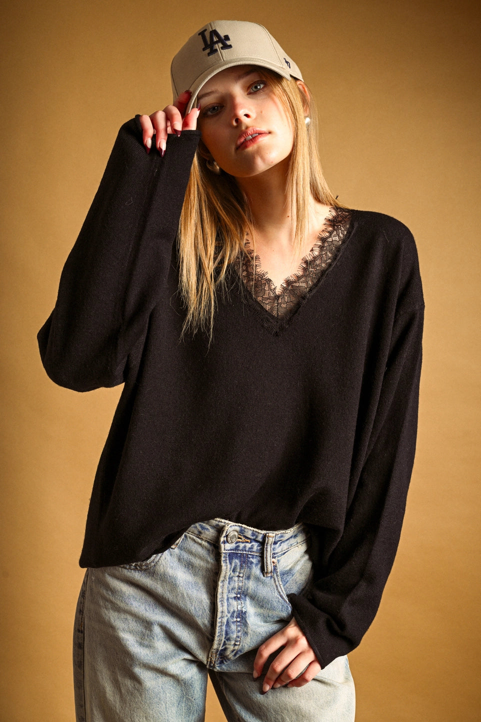 Lace Trim V-Neck Sweater- Black