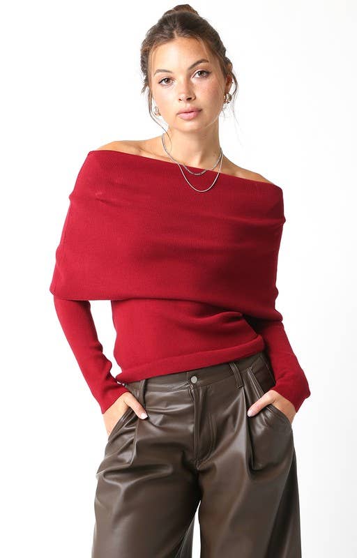 Burgundy Knit Wide Off Shoulder Top