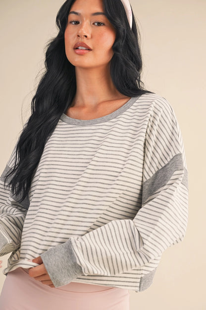 Oval Keyhole Long Sleeve Top- Grey Stripe