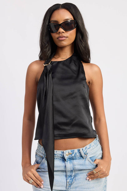 Black Silk Scarf One-Shoulder Top