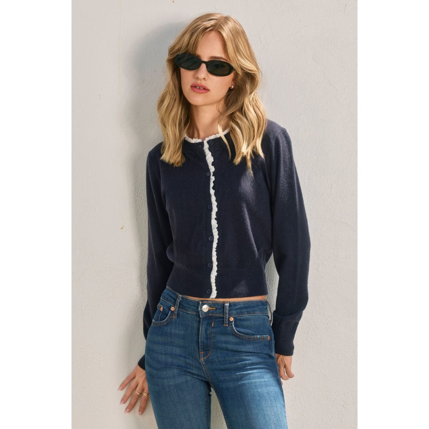 Navy Eyelet Button Down Cardigan