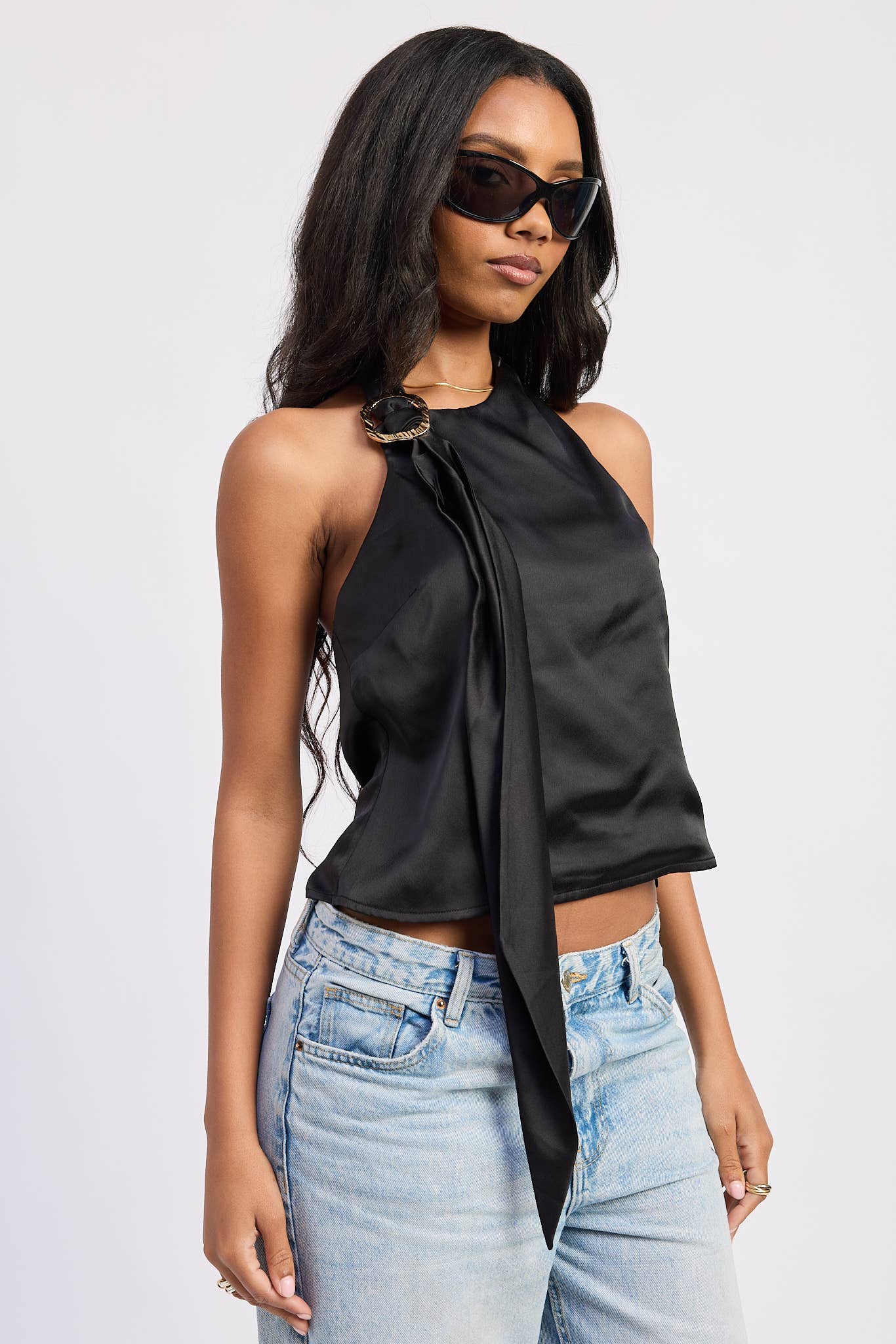 Black Silk Scarf One-Shoulder Top