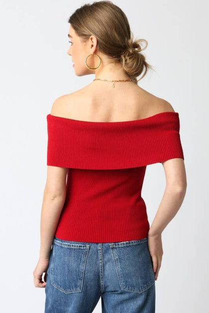 Red Ribbed Off Shoulder Top