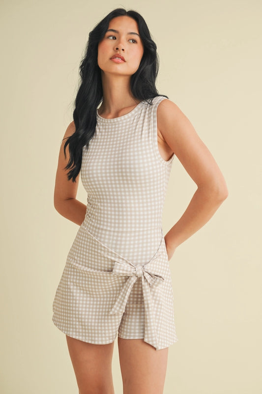 Beige Gingham Sleeveless Wrap Tie Front Dress