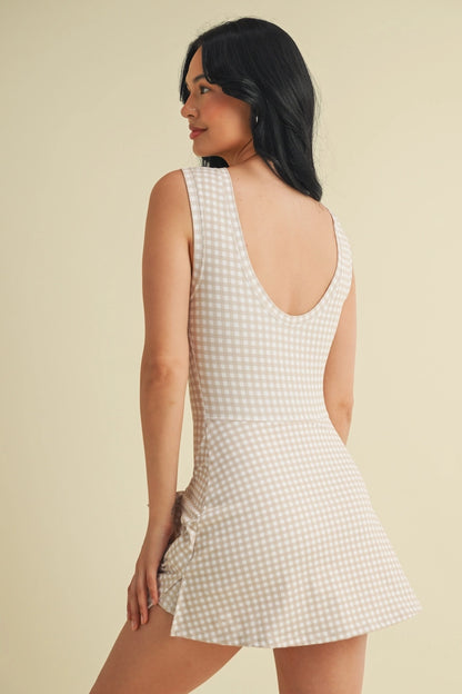Beige Gingham Sleeveless Wrap Tie Front Dress