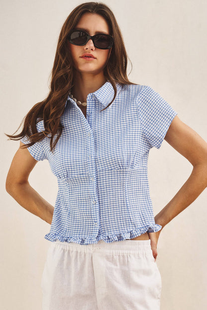 Gingham Short Sleeve Blouse-Blue