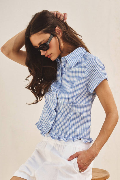 Gingham Short Sleeve Blouse-Blue