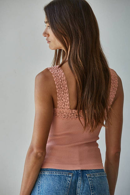 Lace Trim Ribbed Tank Top