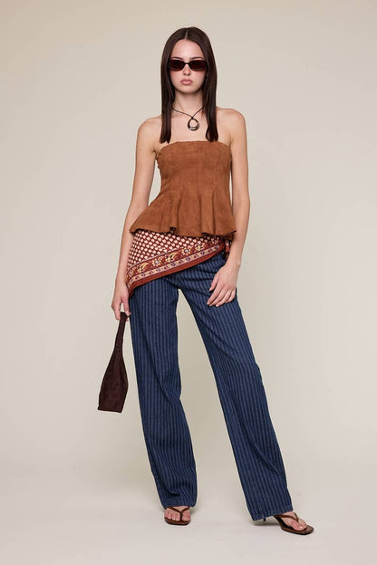 Suede Strapless Ruffle Top