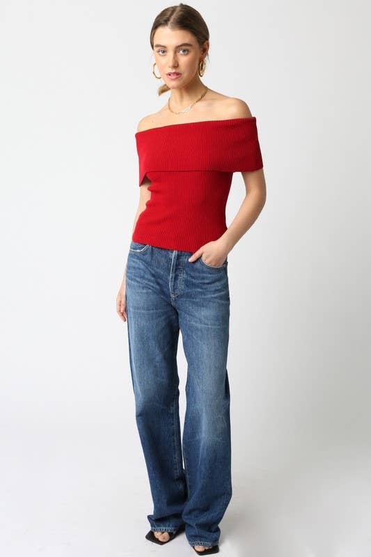 Red Ribbed Off Shoulder Top