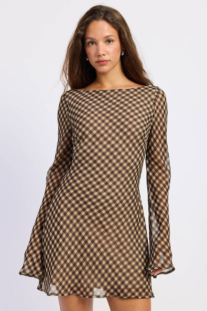 Black Gingham Bell Sleeve Dress