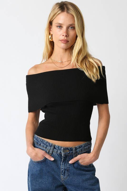 Black Off Shoulder Ribbed Top