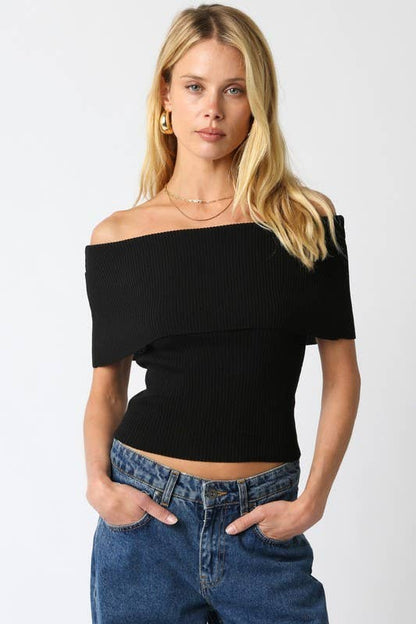 Black Off Shoulder Ribbed Top