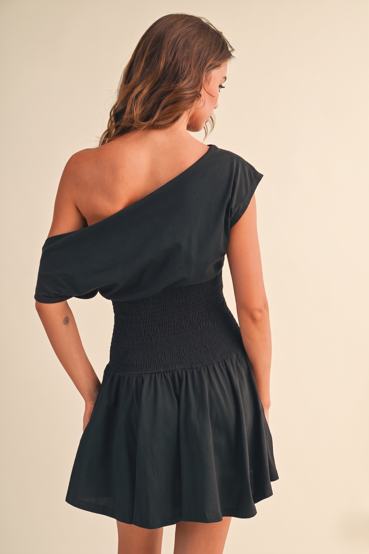 Smocked Waist Black Dress
