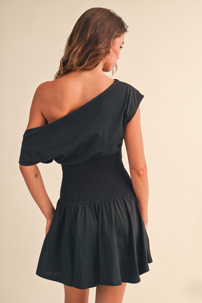 Smocked Waist Black Dress