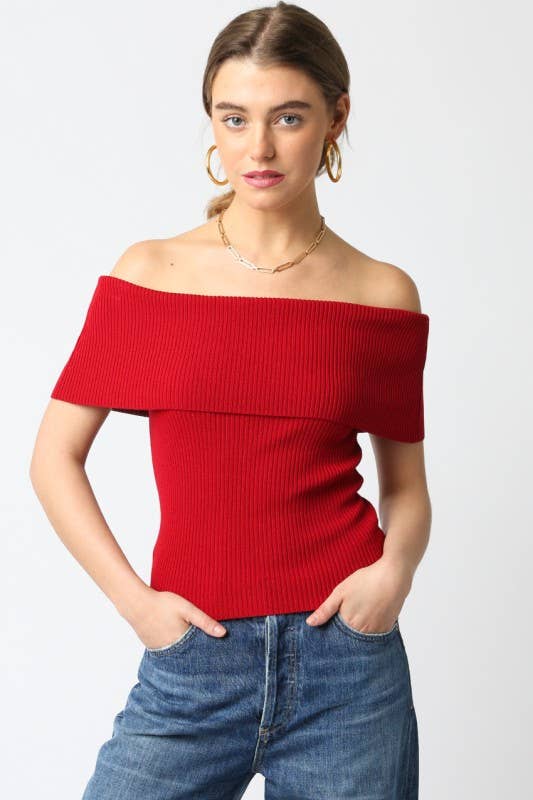 Red Ribbed Off Shoulder Top