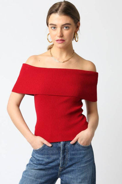 Red Ribbed Off Shoulder Top