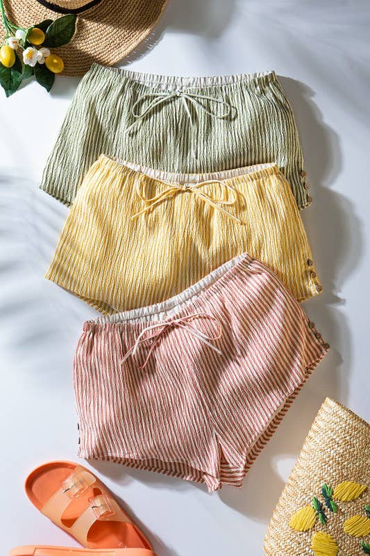 Crinkle Stripe Shorts- Lemon