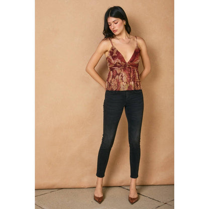 Autumn Shimmer Deep V-neck Pleated Top