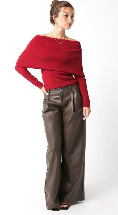 Burgundy Knit Wide Off Shoulder Top
