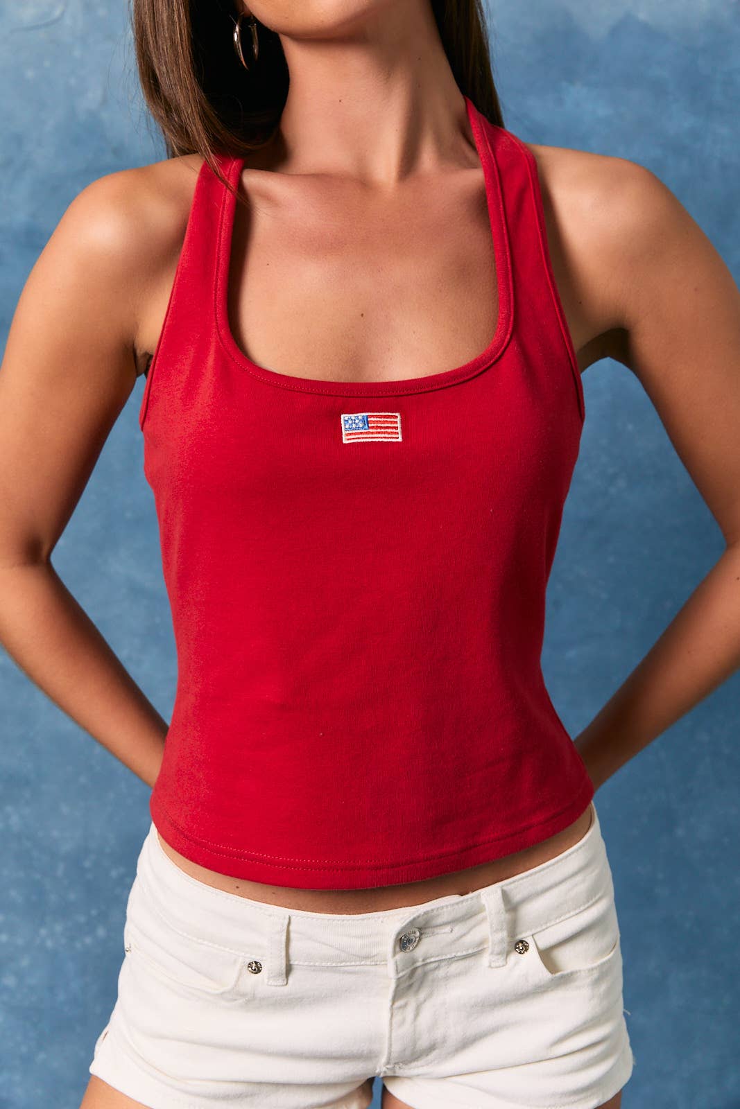 Flag Patch Halter Top- Red