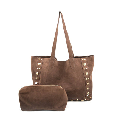 Studded Suede Tote- Chocolate